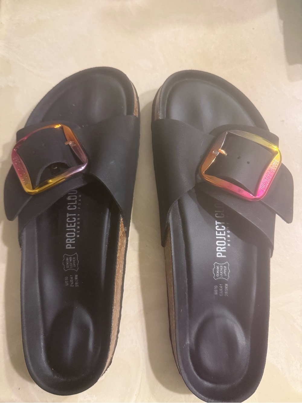Project Cloud Black Slide Sandals with Iridescent Buckles